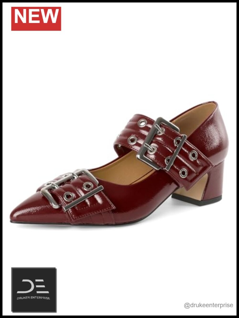 Womens Block Heel Pumps Pointed Toe Mary Jane 2in Heels Faux Leather Buckle